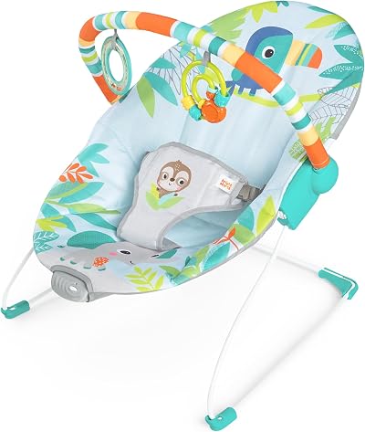 Bright Starts Rainforest Vibes Bouncer 0-6M 20 lb Toy Bar Non-Slip Feet