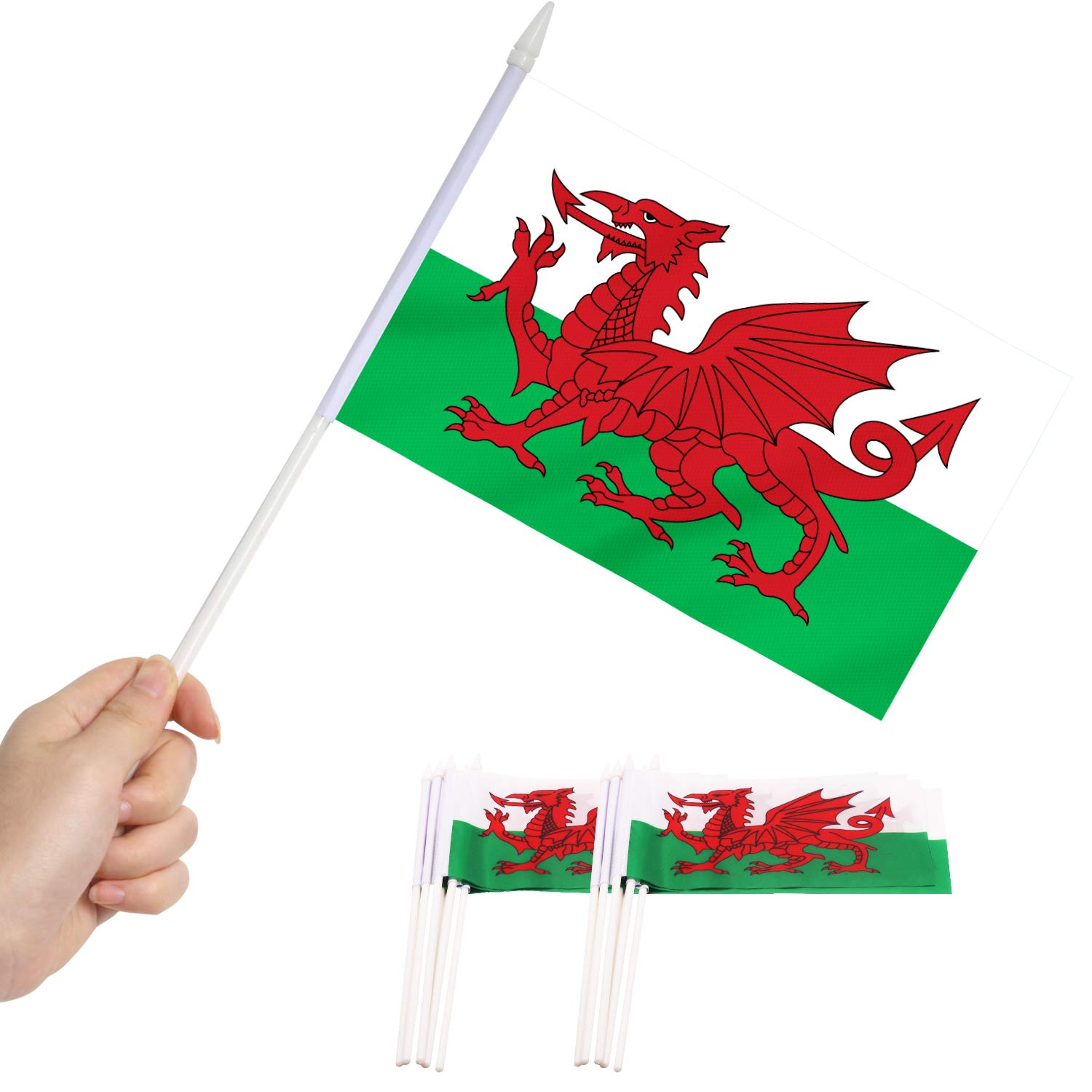 Anley Wales Mini Flag 12 Pack - Hand Held Small Miniature Welsh Flags on Stick - Fade Resistant & Vivid Colors - 5x8 Inch with Solid Pole & Spear Top