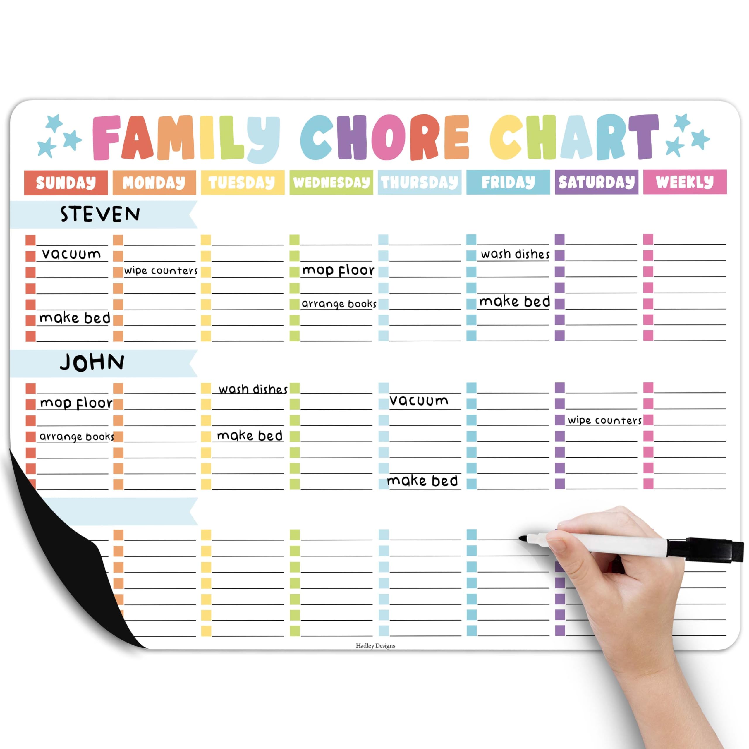 Hadley Designs Magnetic Chore Chart for Kids Multiple - Chores Board for Refrigerator, Dry Erase Task Chart for 2 Kids Daily Behavior, Family Weekly Planner for Teen and Adults, Stars Chore Board