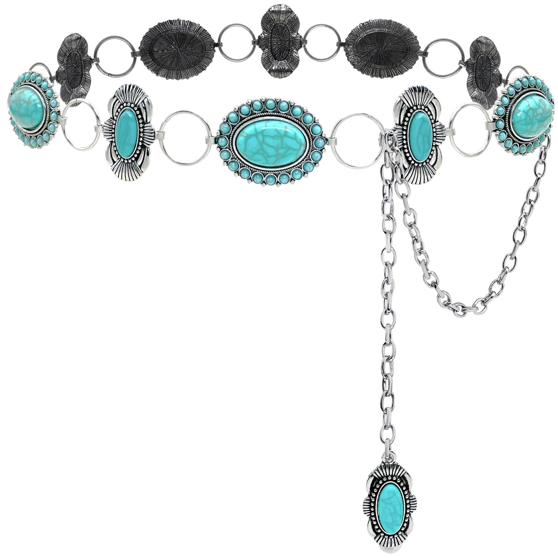 Photo 1 of Xiokyo Turquoise Concho Belt Silver Western Chain Belt Boho Waist Chain Belt for Women Dress
