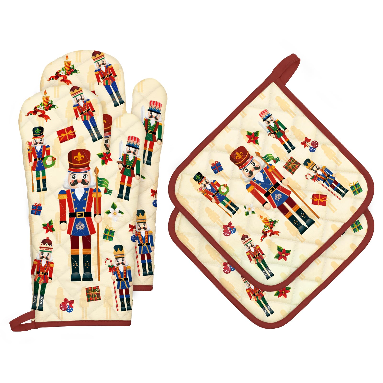 Arquiel Christmas Nutcracker Oven Mitts and Pot Holders -100% Cotton, Heat Resistant Extra Long Oven Gloves & Hot Pads for Cooking BBQ Grilling Baking Gift, Set of 4