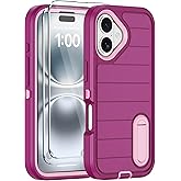 for iPhone 16 Case with Screen Protector, Heavy Duty Shockproof Drop Protection Military Grade Tri-Layer Full Covered Rugged Durable Cell Phone Cover with Built-in Invisible Kickstand 6.1" (Purple)