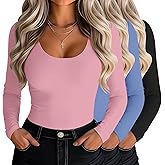 Riyiper 3 Pack Women's Scoop Neck Tops Long Sleeve Slim Fitted Shirts Casual Basic Tunic Fall Trendy Y2k Tight Tees