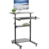 VIVO Black Mobile Height Adjustable Table Stand Up Desk with Storage, Computer Workstation Rolling Presentation Cart (CART-V02DB)