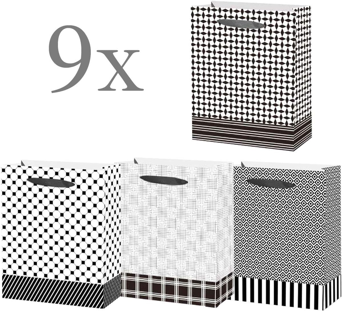 Gift Bags Medium Size - 12 Pack - White and Black Presents Bags in 4 Designs -