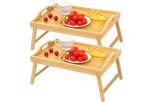 2 Pack Bamboo Bed Tray Table, Folding Legs and Handles, Breakfast Tray, Laptop Desk for Bed or Sofa, Serving Tray for Eating,