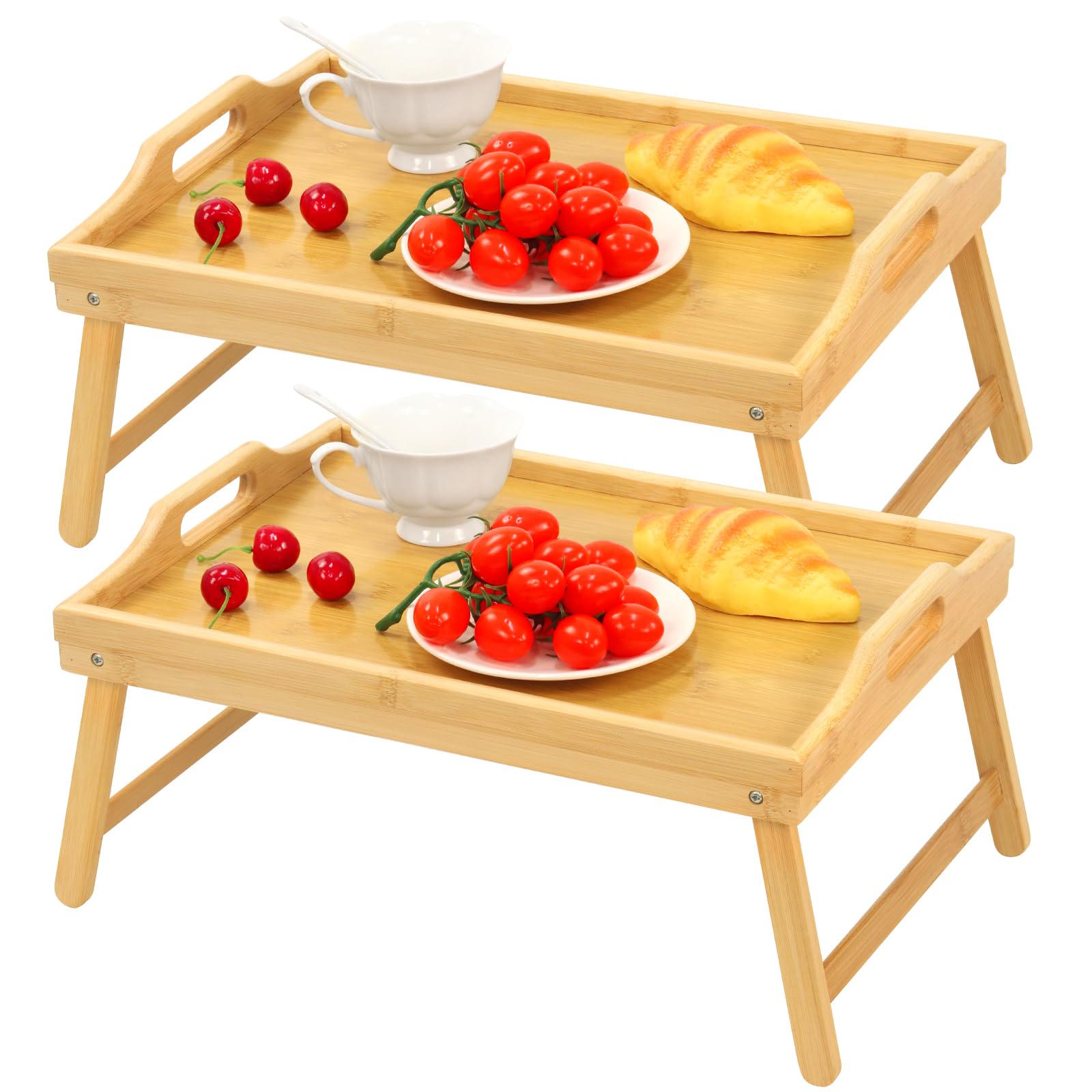 Photo 1 of 2 Pack Bamboo Bed Tray Table, Folding Legs and Handles, Breakfast Tray, Laptop Desk for Bed or Sofa, Serving Tray for Eating, Working, Reading,Picnic