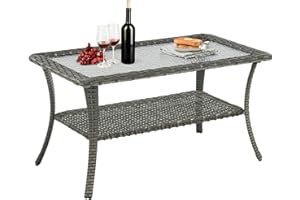 Belord Outdoor Coffee Table for Patio - 40 Inch Rattan Patio Coffee Table with 2-Layer Storage, Rectangular Tempered Glass Outdoor Wicker Table for Porch Balcony Deck Grey