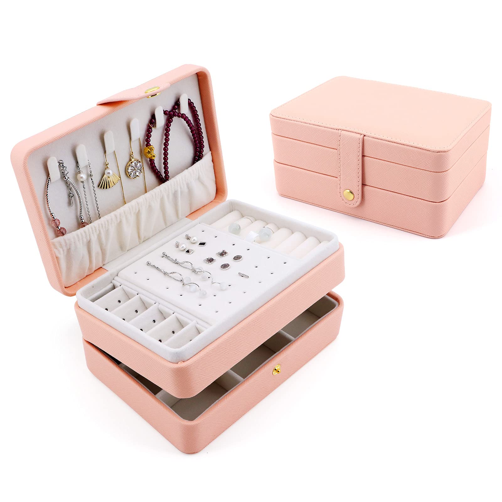 Beowanzk Travel Jewellery Box, Travel Jewellery Organiser, Jewelry Organiser for Women, Leather Jewelry Box, Moisture-Proof Storage, Portable Travel, Anti-Necklace Tangle Pink