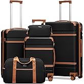 LONG VACATION Luggage Sets 5 Piece, Suitcases With Wheels, PC+ABS Hardshell Luggage Set with Spinner Wheels, TSA Lock (Black Brown)