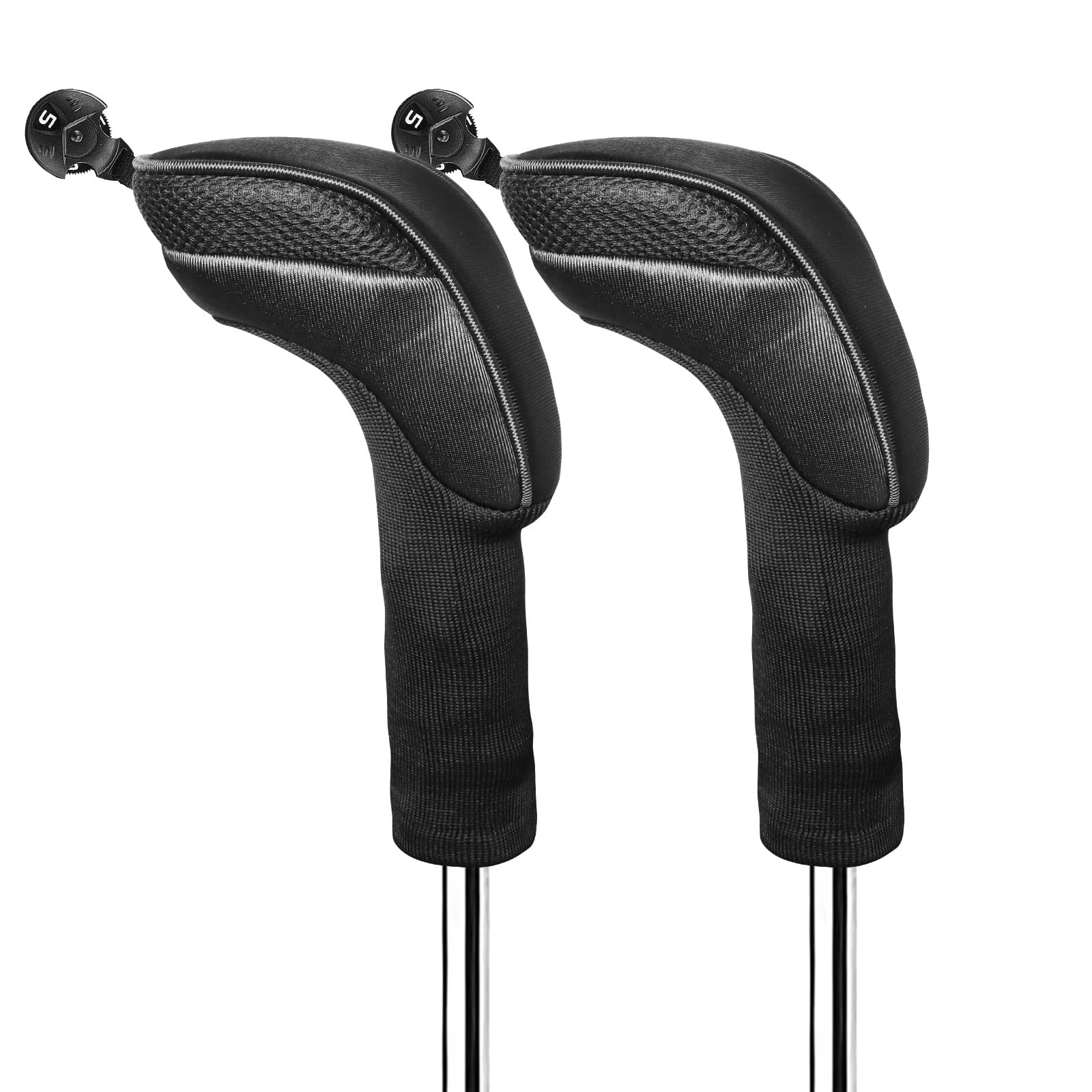 FINGER TEN Golf Club Head Covers Woods Hybrids Long Cover, Headcovers with Interchangeable No. Tags Fit All Hybrids Wood Clubs Light Durable (Dark-2 Pack Hybrid Covers)