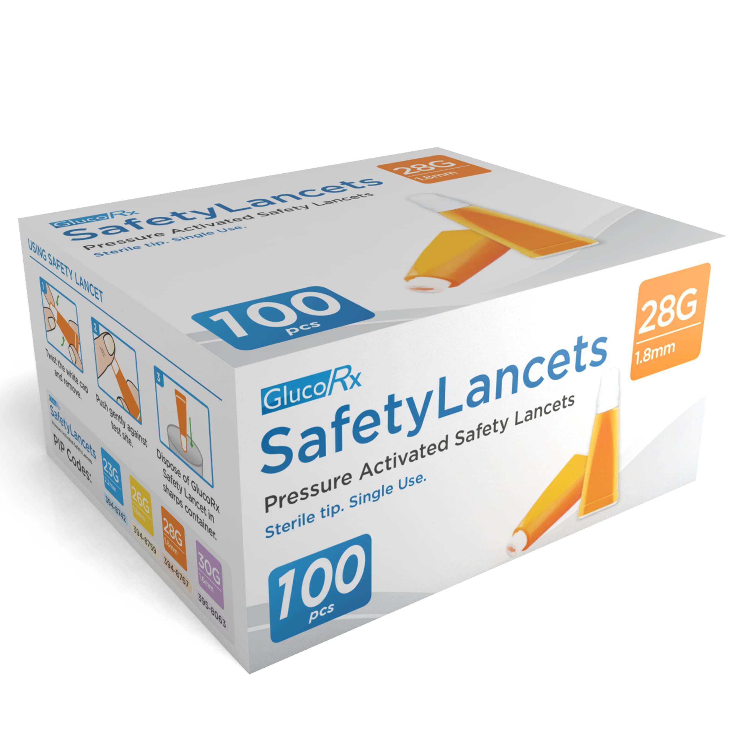 GlucoRx 28 g/1.8 mm Safety Lancets, 100 Pack, 5060342240583