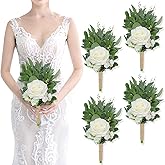 SEMONONIA 8 Inch Bridesmaid Bouquets Set of 4 - Ivory Artificial Flowers Greenery Bouquet for Wedding, Silk Small Floral Bouquet for Ceremony and Anniversary Marriage Proposal Centerpiece Decorations