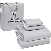 RUVANTI Flannel Sheets Queen Size - GOTS Certified 100% Organic Cotton, 4 Piece Warm, Soft & Breathable Set, Deep Pocket Snug Fit, Double Brushed Cozy All Season Bedding, Light Grey