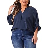 Agnes Orinda Plus Size Chiffon Top for Women V Neck Long Sleeve Rolled Up Sleeves Pleated Back Shirts Casual Tops