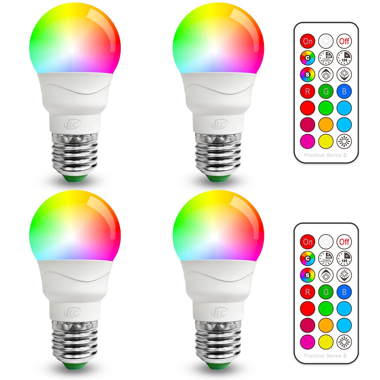 iLC LED Light Bulbs Colour Changing Dimmable 5W E27 Edison Screw A60 RGBW Lights, RGB White Coloured - Dual Memory - 12 Color Choices - Remote Controller Included (Pack of 4)