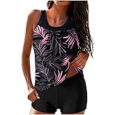 YRAETENM Tankini Swimsuits for Women Two Piece Bathing Suits Blouson Tank Top with Boyshorts Tummy Control Modest Swimsuits