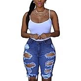 roswear Women's Ripped Denim Destroyed Mid Rise Stretchy Bermuda Shorts Jeans