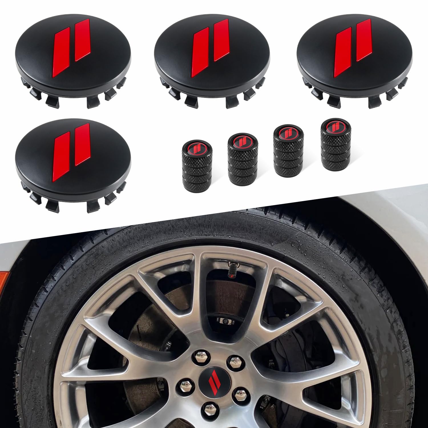 Photo 1 of REMOCH 4PCS 63mm=2.5 inch Slash Wheel Center Cap Covers for Dodge Charger Challenger Durango Journey Avenger Hornet Dart R/T SRT Non Fading Hubcaps Rim + Tire Valve Stem Caps Covers Trim (Red)