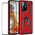 Xiaomi Mi 11T / 11T Pro Case with Screen Protector, Slim Fit Military Protection Shockproof Armor Defender Protective Back Cover Phone Case with Ring Kickstand (Red)