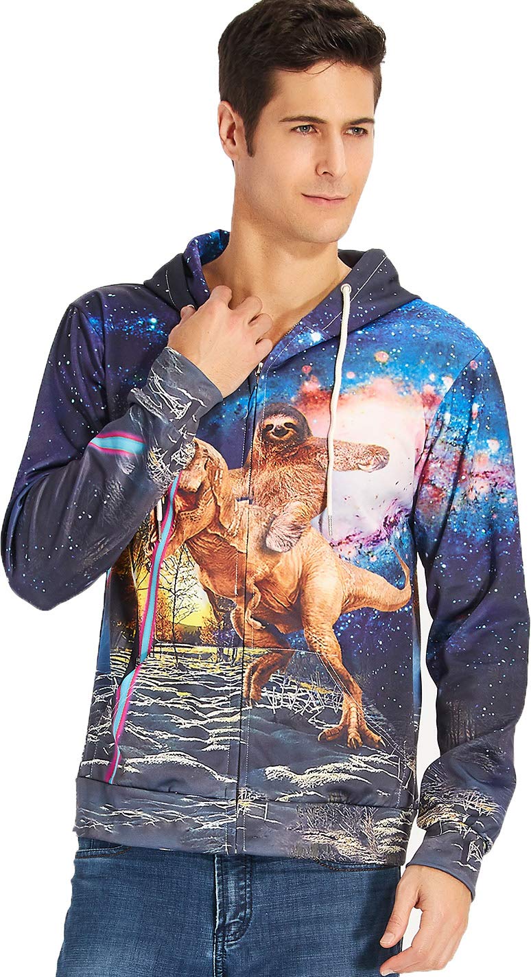 Leapparel Men/Women 3D Hoodie Full Zip Print Graphic Sweatshirts Pullover Casual Pocket Jacket (L, Dinosaur&Sloth)