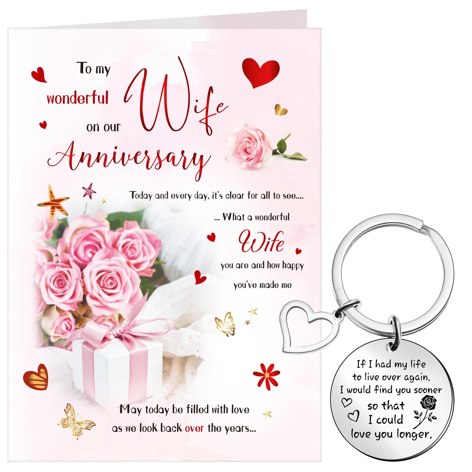 Tenare Wife Anniversary Card with White Envelope and Engraved Lover Keyring Wedding Gifts for Her Hearts and Roses Love Anniversary Greeting Cards from Husband Boyfriend Soulmate