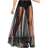 Floerns Women's Glitter Mesh Maxi Skirt High Waisted Country Concert Party Long Skirt with Shorts