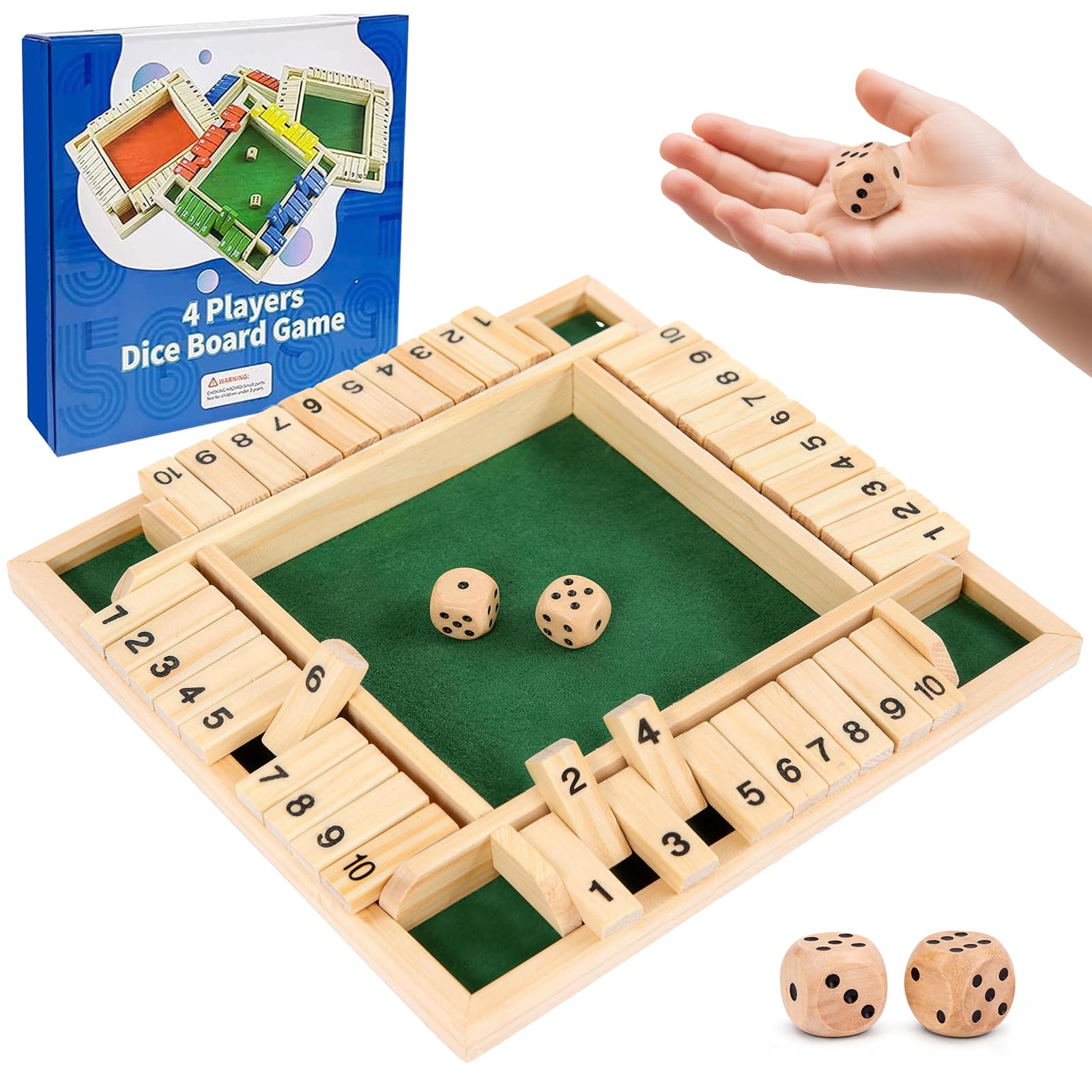 ACHLIGL Shut The Box Game 2-4 Player Wooden Dice game - Classic Wooden Board Games Mathematics Traditional Board Dice Holiday Fun Game for Pubs Family Parties (Green)