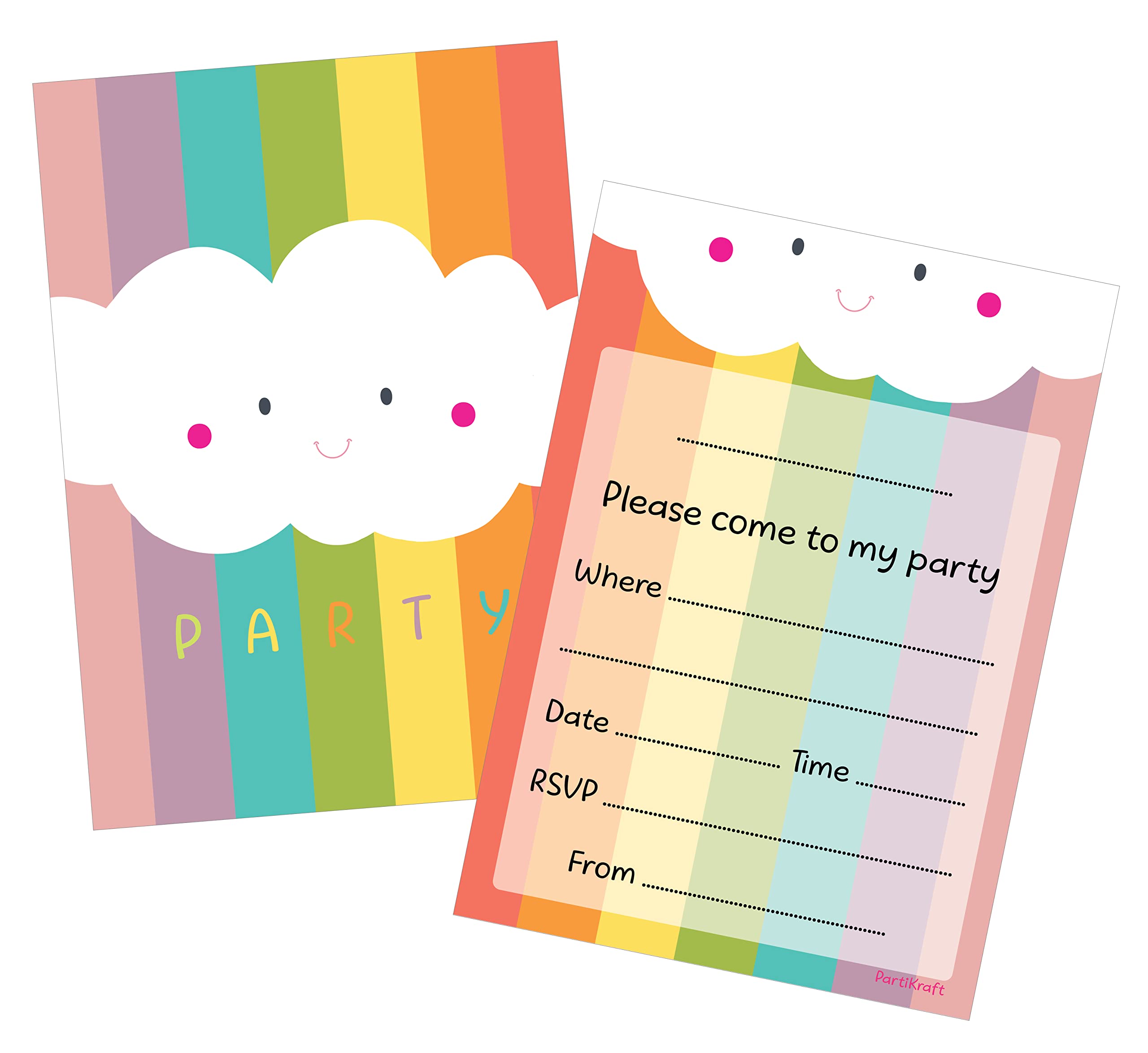 24 x Rainbow Birthday Party Invitations includes Rainbow Envelope Seals, "Thank You for Coming to my Party" Stickers and Kraft Envelopes
