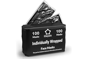 LITEPAK 100pcs Premium Individually Wrapped Disposable Face Mask Black Premium Comfort Earloops Nose Wire
