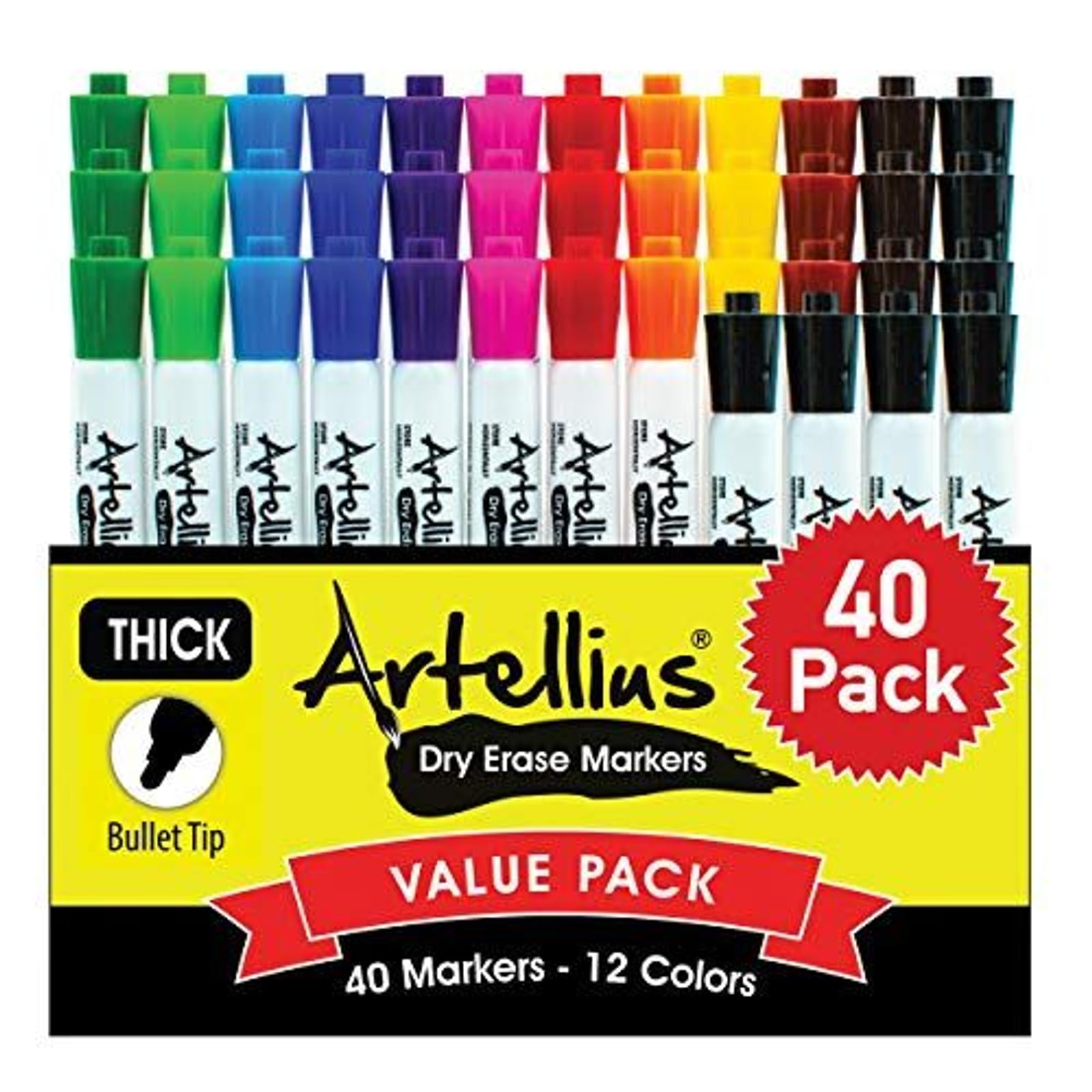 Photo 1 of Artellius Dry Erase Markers Bulk - 40-Pack Assorted Colors - Thick Barrel Design & Low Odor Ink - Washable & Kid Friendly Whiteboard Markers for School Supplies & Classroom Use - Teacher Supplies