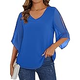 Neineiwu Womens 3/4 Ruffle Sleeve Tunic Tops V Neck Dressy Casual Chiffon Blouses for Women Summer Trendy Work Shirts