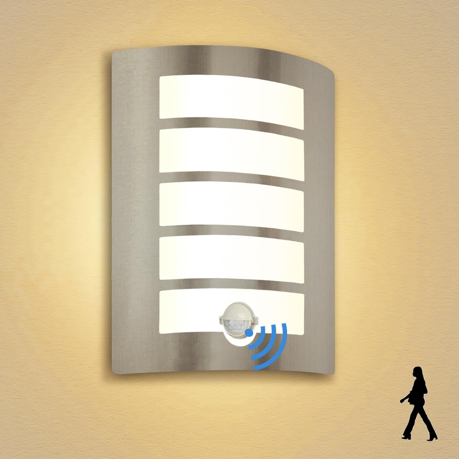 Allesgute Outdoor Wall Lights with PIR Motion Sensor, Curved Outside Light Mains Powered Stainless Steel IP44 Waterproof Wall Lamp Incl. 12W E27 LED Bulbs Warm White for Front Door Porch Stairway
