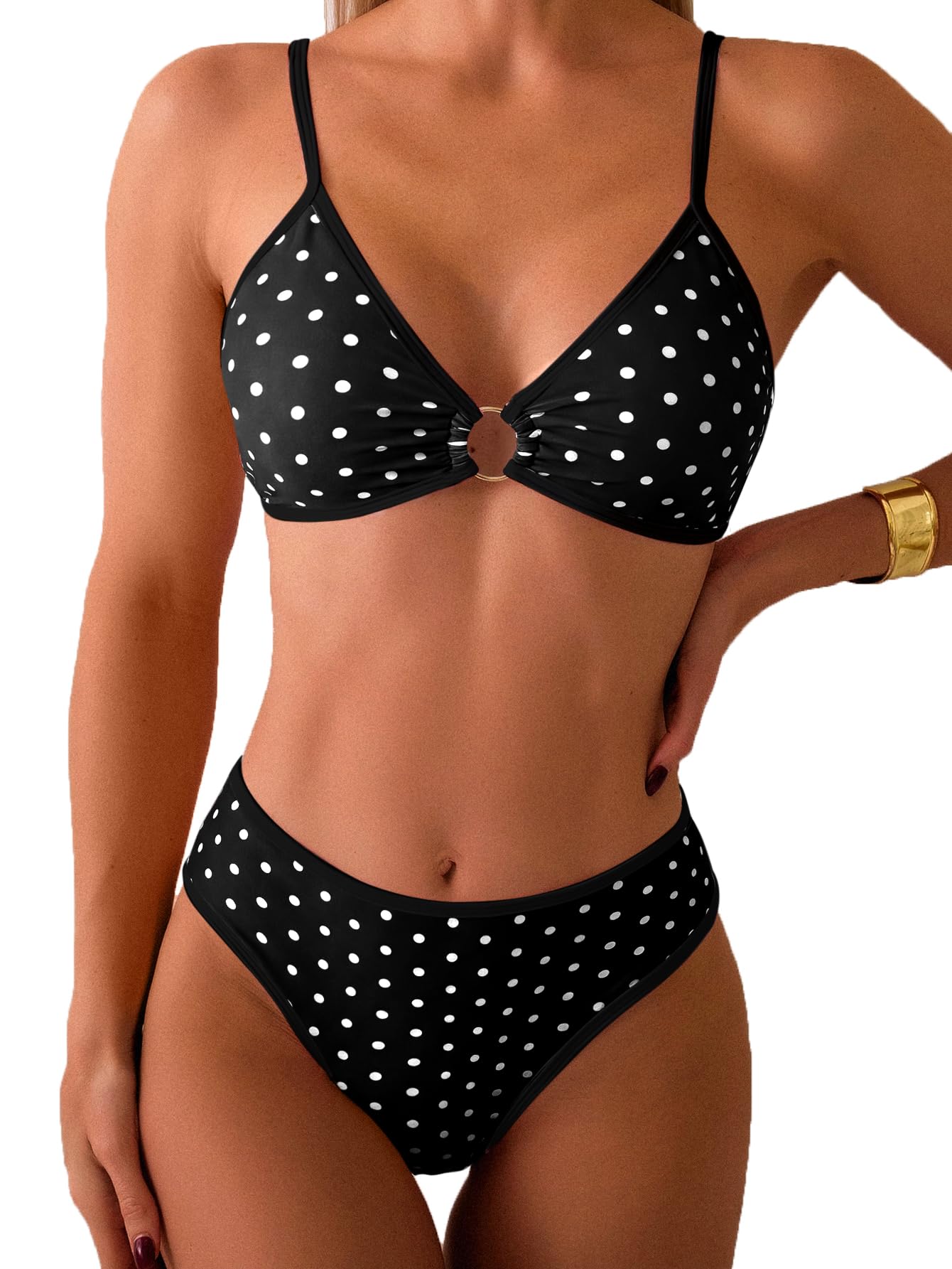 Photo 1 of Tainehs Women's Two Piece Bikini Sets O Ring Front Top Ditsy Floral Triangle Swimsuits Cheeky Bathing Suit Polka Dot