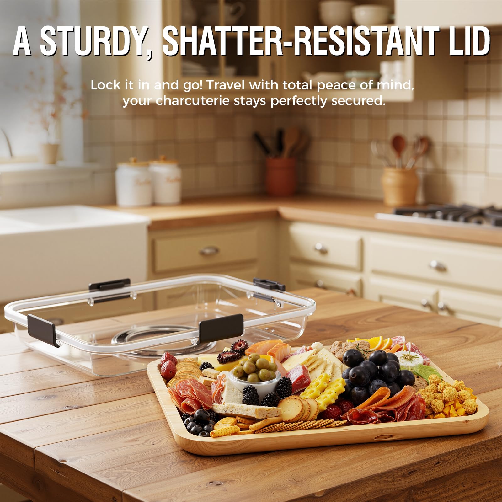 Renmxj Charcuterie Board with Clear Lid, Travel Portable Cheese Board Charcuterie Boxes Cutting Boards for Kitchen, House Warming Gifts New Home, Gifts for Women (6 Compartments Black)