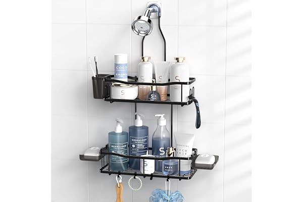 Aitatty Hanging Shower Caddy, Rust Proof, Anti-Slip, 2 Tier Basket, 13x5x25 Inches, Black