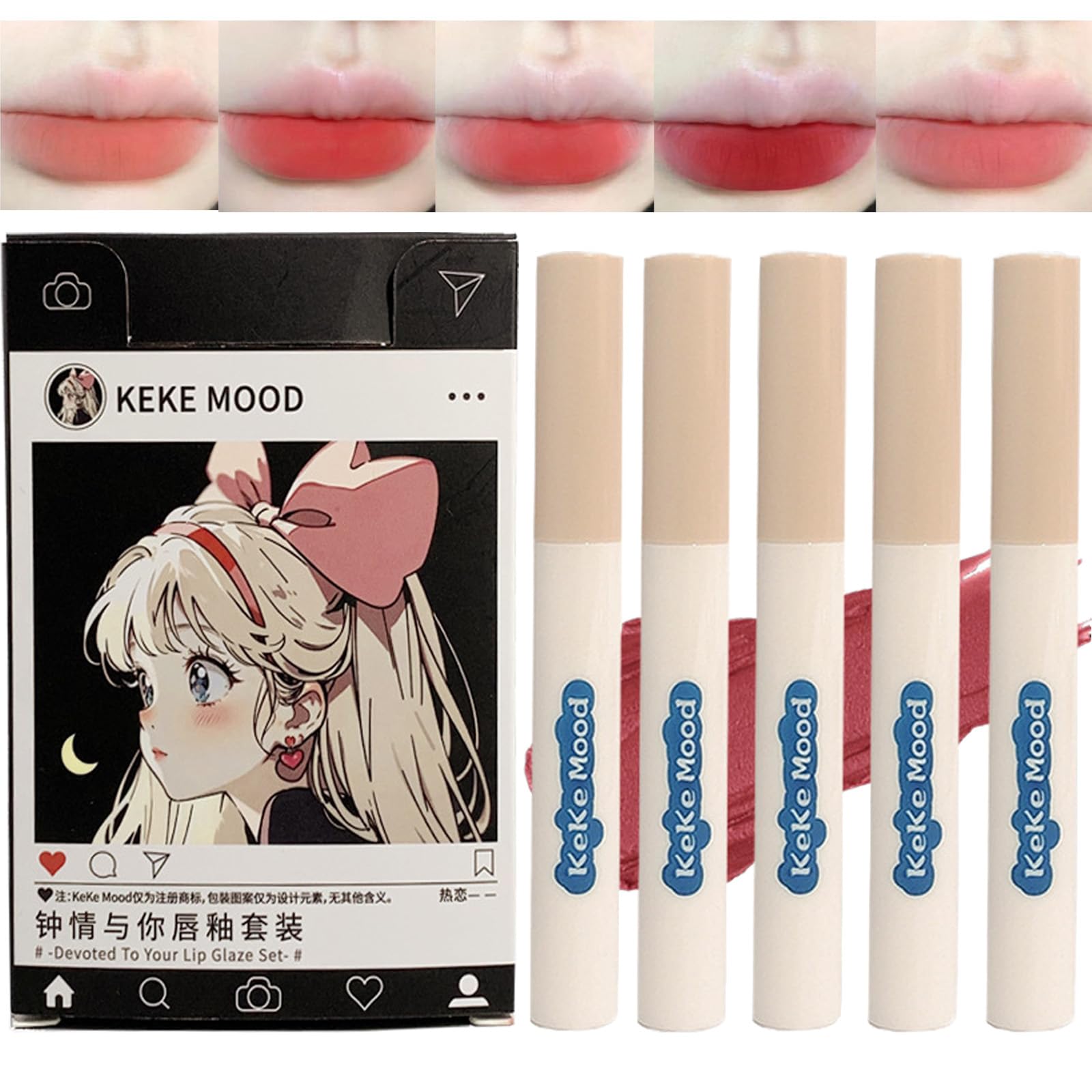 Domality 5Pcs Velvet Nude to Red Lip Tint Set with Japanese Manga Package, 5 Colors Creamy Matte Finish Liquid Lipstick, Long Lasting Waterproof Lip Stain Lip Mud for Cheeks and Lips