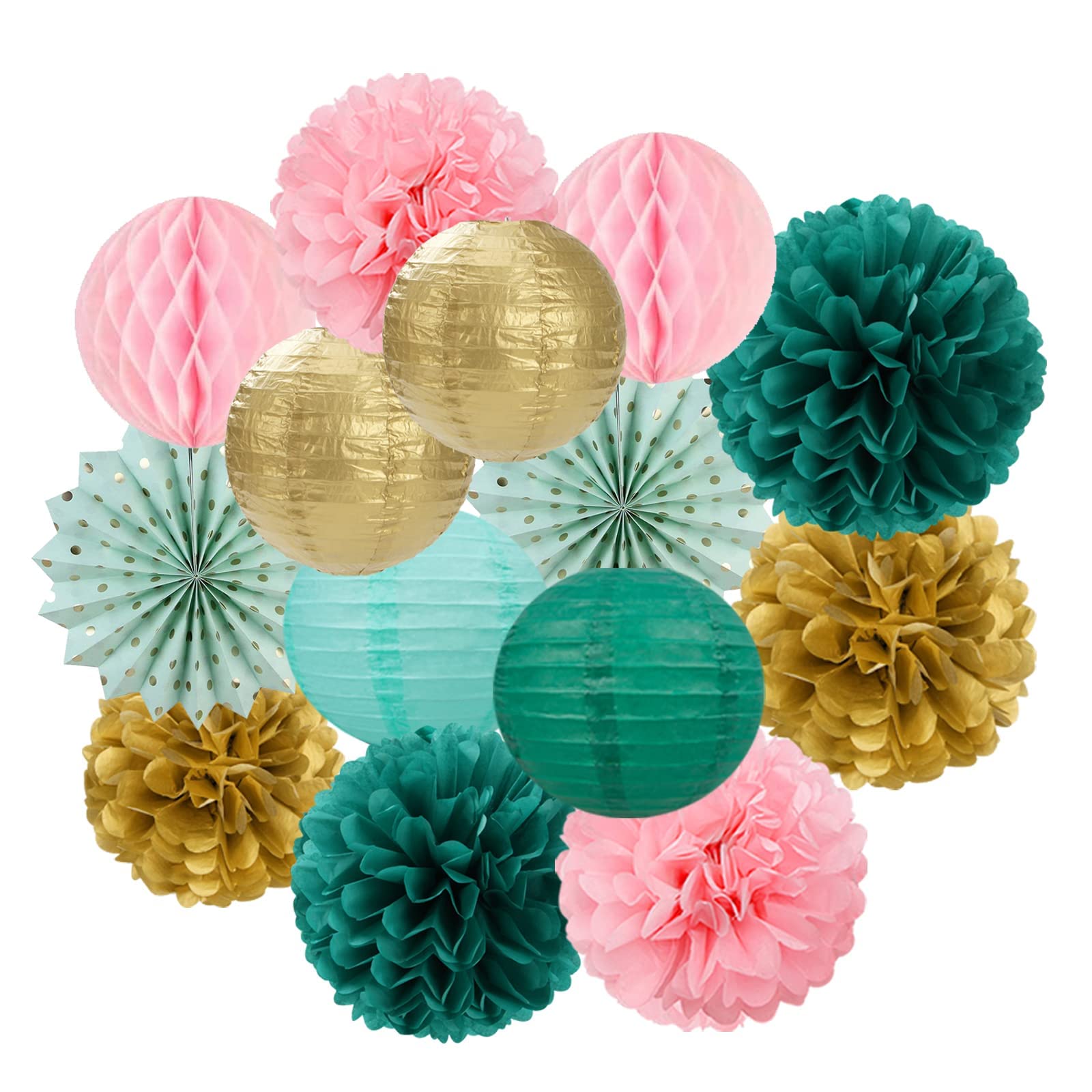 Sage-Green Pink-Gold Baby-Shower Party Decorations - 14pcs Rustic Wedding Paper Lanterns Fan,Tissue Pom Poms Streamers,Honeycomb Balls,Birthday Bachelorette Engagement Bridal Decor Lasting Surprise