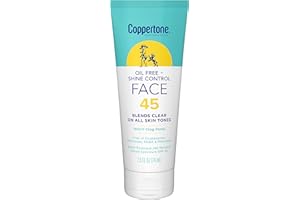 Coppertone Oil Free + Shine Control Sunscreen Face Lotion SPF 45, Lightweight Sunscreen for All Skin Tones, Won't Clog Pores, Fragrance Free, 2.5 Fl Oz Tube