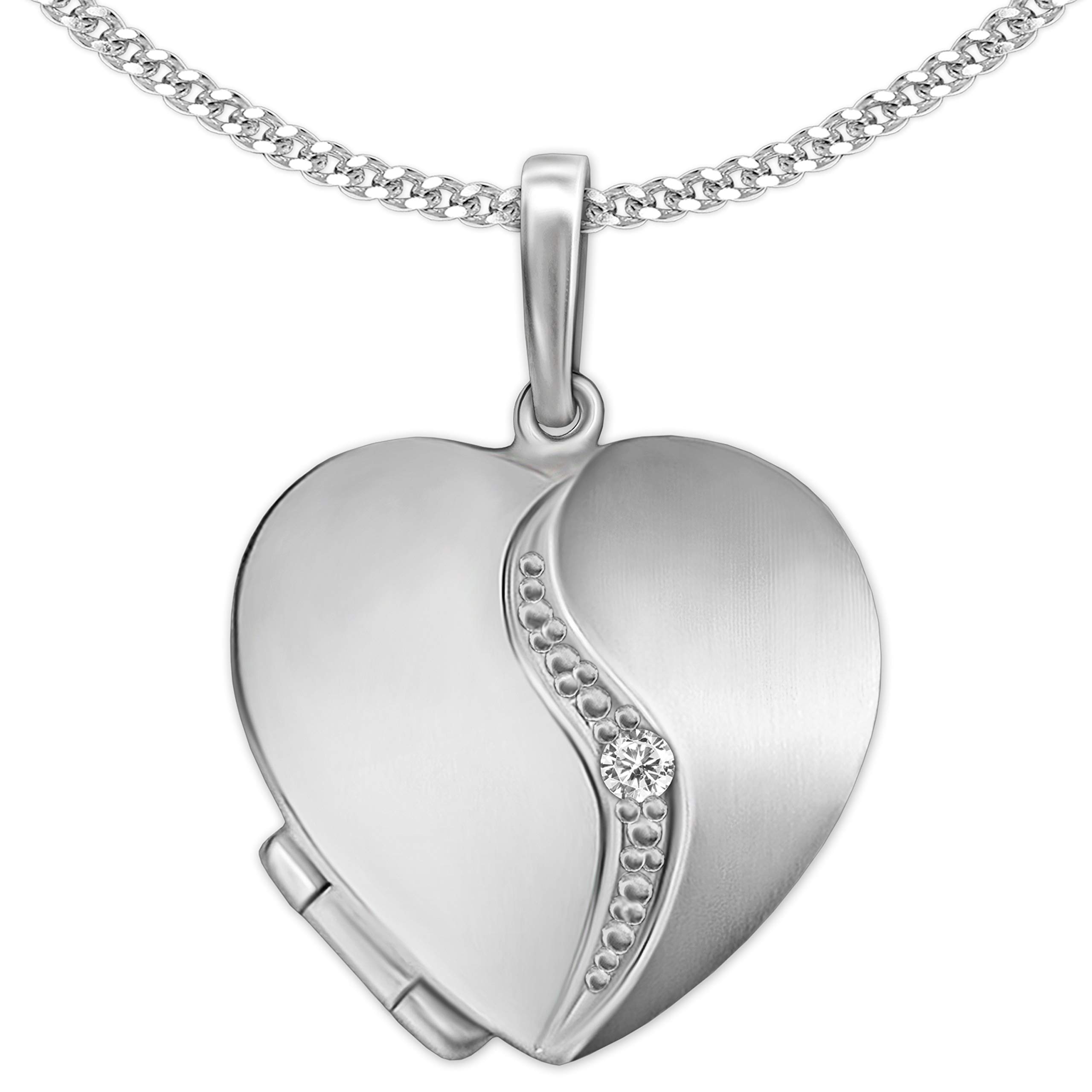 Clever Schmuck Silver Heart Pendant Medallion As Matt and Glossy, Curved with a Cubic Zirconia with Curb Chain 45 cm 925 Sterling Silver