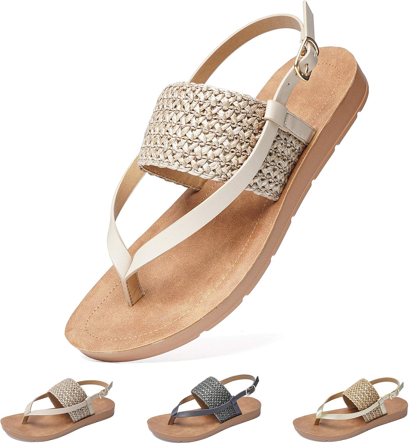 Camfosy Womens Flat Sandals, Summer Sandals for Women Flip Flops Wide Dressy Thong Shoes Open