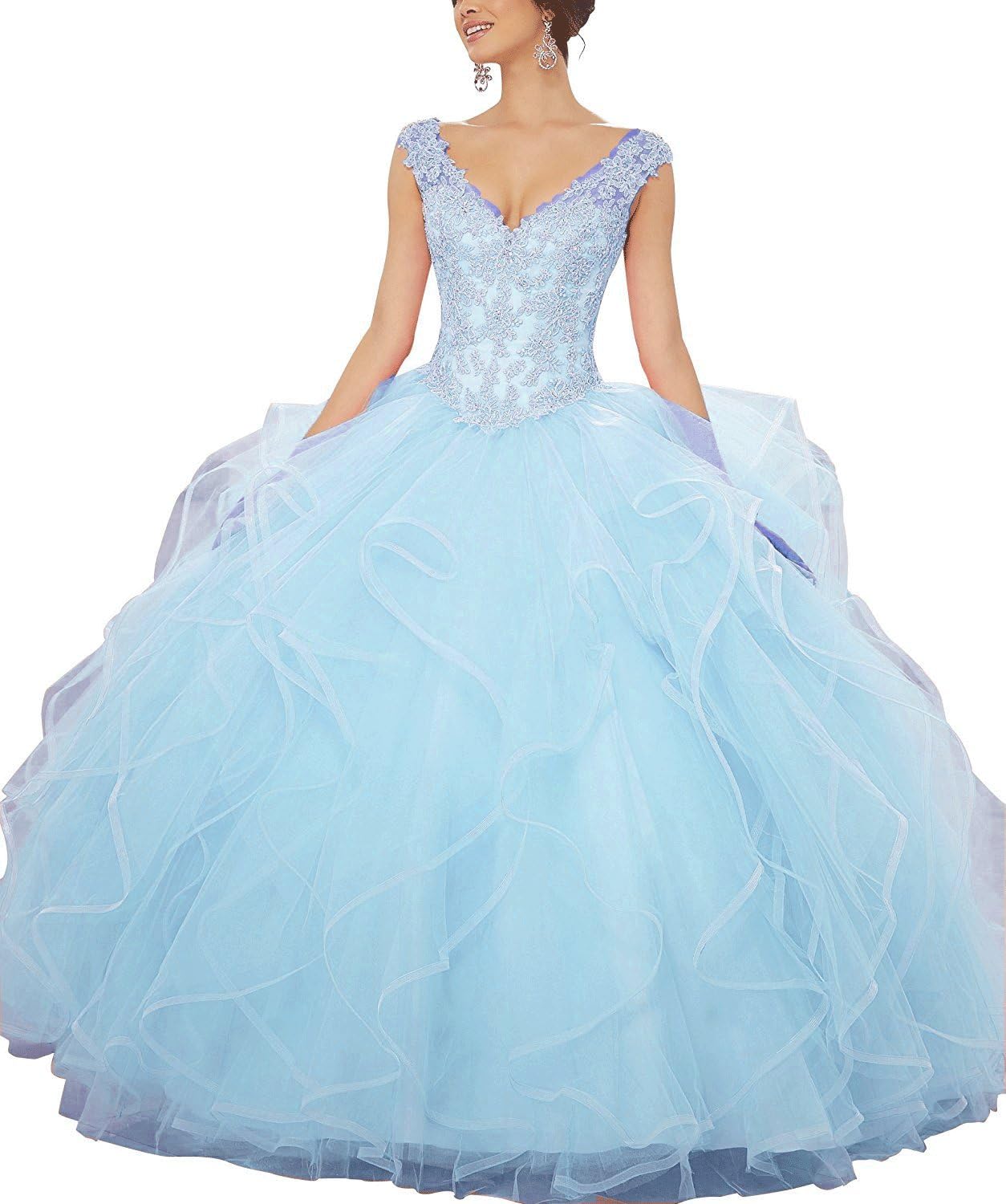 Ladsen V Neck Ball Gown Lace Beaded Prom Dress Girls' Sweet 16 Quinceanera Dress