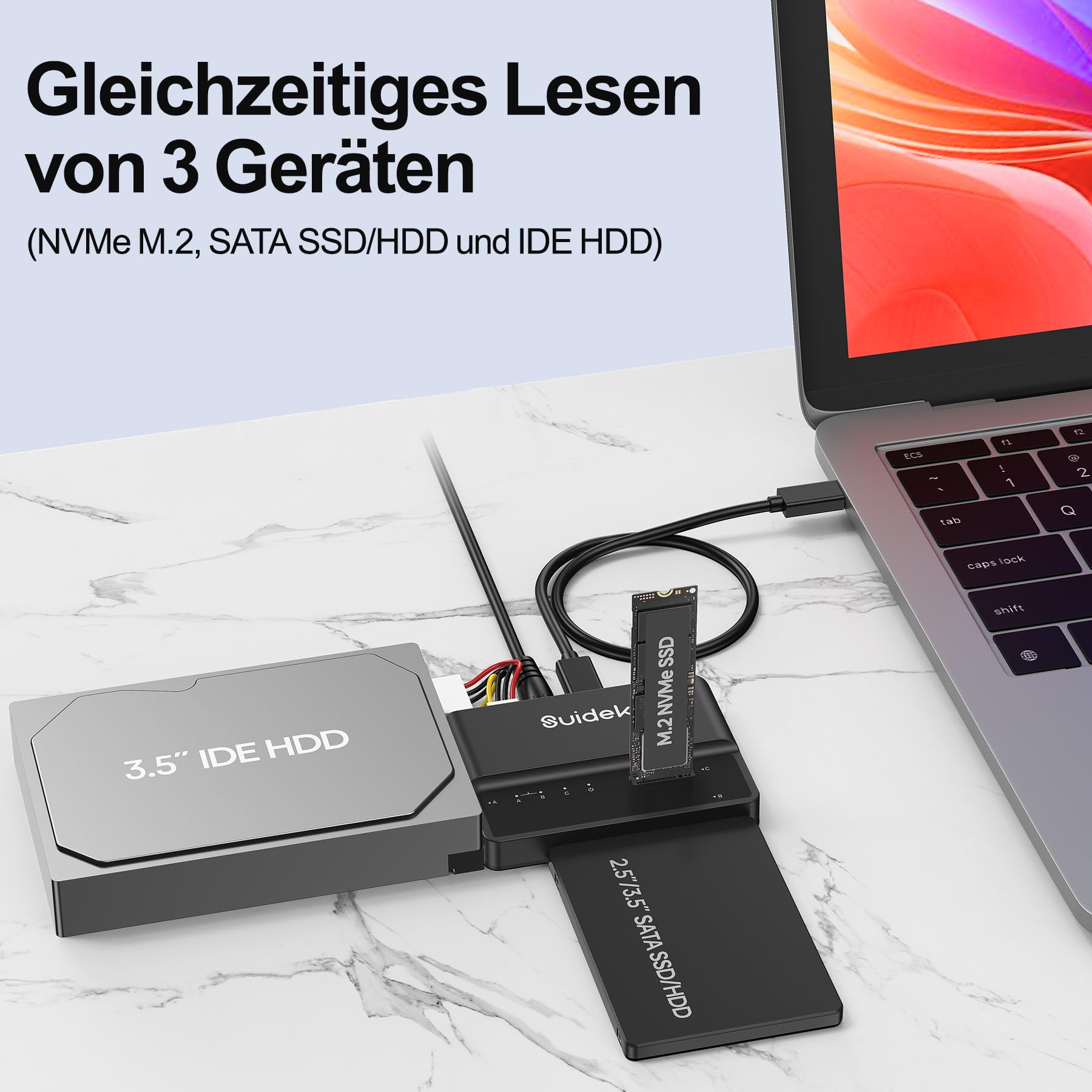 SUIDEK NVMe M.2 zu SATA Adapter, USB 10Gbps Festplattenlesegerät, PCIe NVMe, SATA und IDE Adapter, SSD Gehäuse unterstützt M.2(M Key&M+B Key) SSDs Aller Größen, 2,5/3,5 SATA SSD HDDs und 3,5 IDE HDDs 7