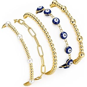 XUANPAI Evil Eye Bracelet for Women, 14K Gold Plated Beaded Bracelet Set | 5PCS Stackable Dainty Nazar Bracelet, Adjustable T