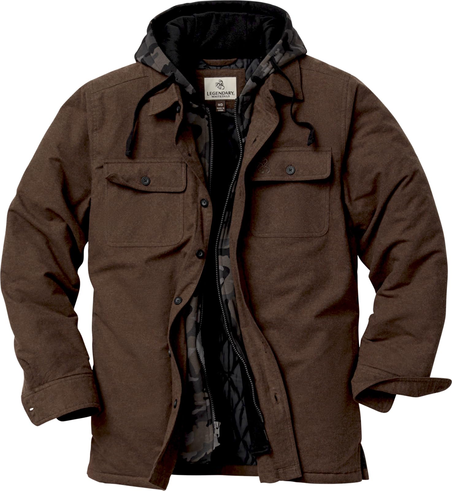 Photo 1 of **USED, RIPPED** Legendary Whitetails Mens Plaid Flannel Shirt Jacket Quilted with Hood Polyfill Insulated, Swamp Heather, MED