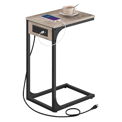 VASAGLE C-Shaped Side Table, End Table with Charging Station, C Table for Couch, Sofa, Adjustable Feet, for Bedroom, Living Room, 2 USB Ports and Outlets, Heather Greige ULET362K02