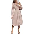 PRETTYGARDEN Women's Spring Midi Dress Long Puff Sleeve Wrap V Neck Flowy Ruffle Pleated Casual Fall Dresses
