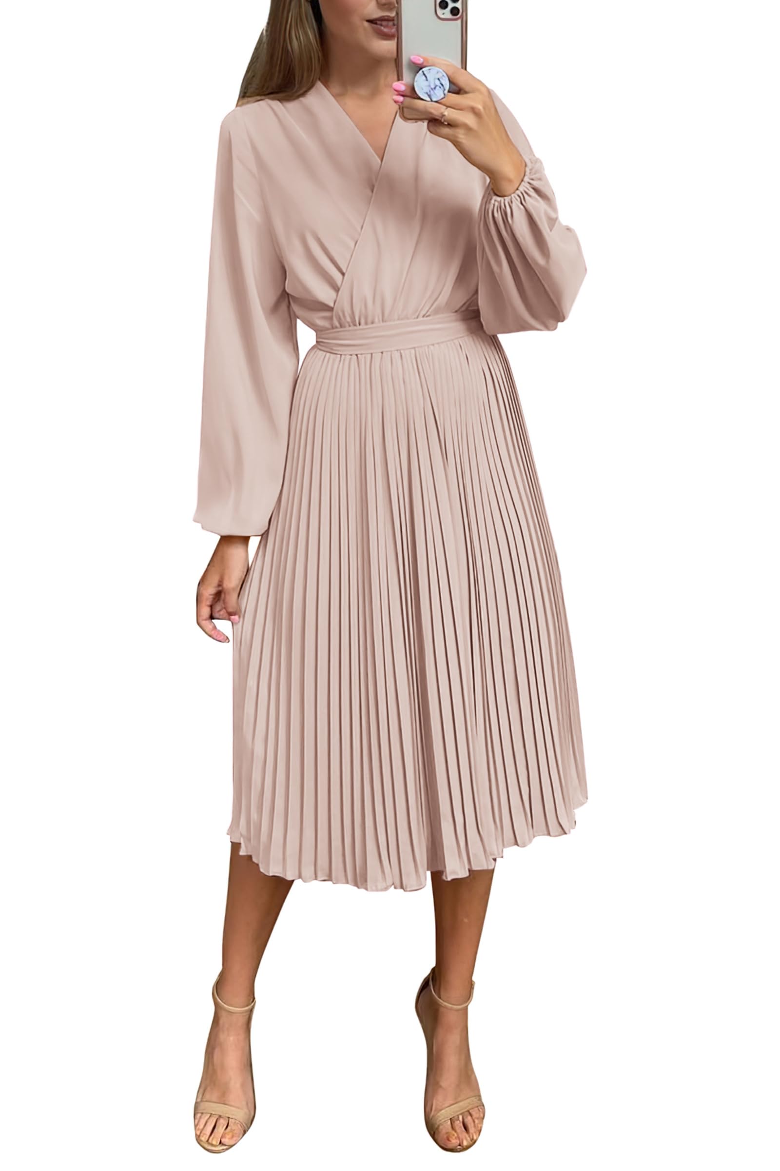 Photo 1 of PRETTYGARDEN Women's Spring Midi Dress Long Puff Sleeve Wrap V Neck Flowy Ruffle Pleated Casual Fall Dresses (Apricot,Small)