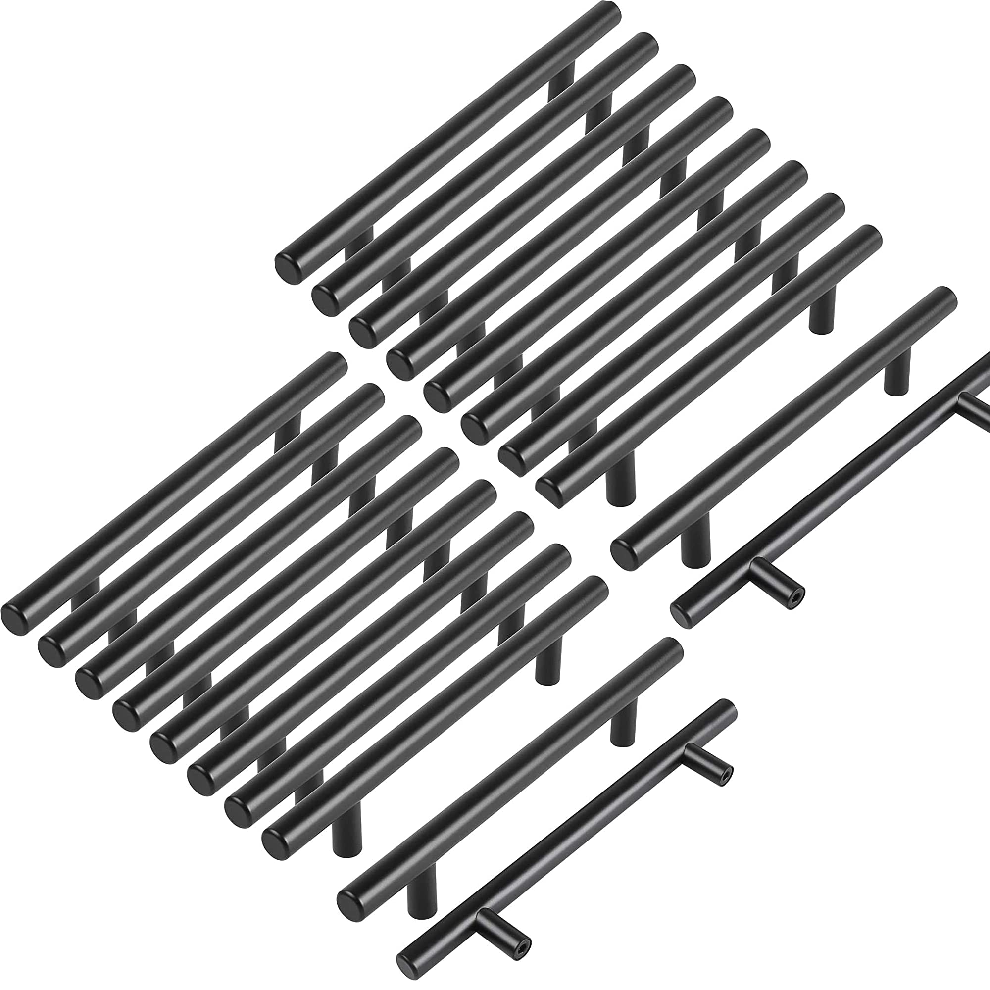 Margueras - Pack of 20 Stainless Steel Kitchen Cupboard Door Handles - 128mm - Black T-Bars with Screws