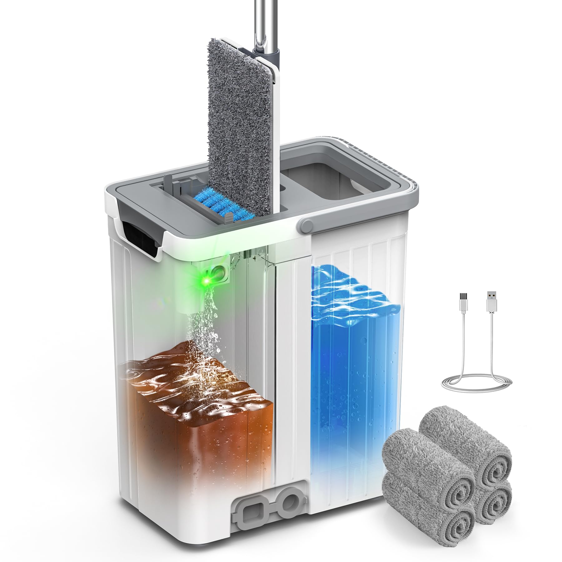 Photo 1 of Mop and Bucket Set with AUTO Pump, 3-Zone Separate Dirty and Clean Water, Flat Mop and Bucket System with Wringer and Wheels, 3 Reusable Microfiber Pads, One-Touch Water Filling for Home Cleaning